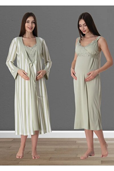 by İGP Effortt Yeşil Kadın Hamile Lohusa Sabahlıklı Askılı Gecelik Takımı