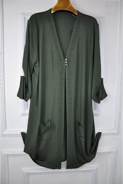 elma abone Large Size Combed Cotton Cardigan with Stone Detail