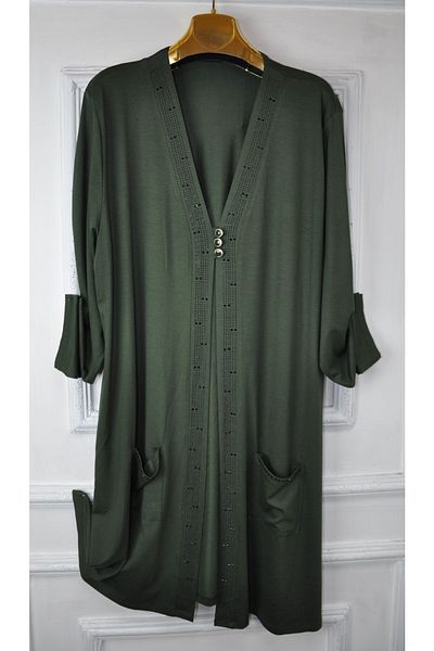 elma abone Large Size Combed Cotton Cardigan with Stone Detail
