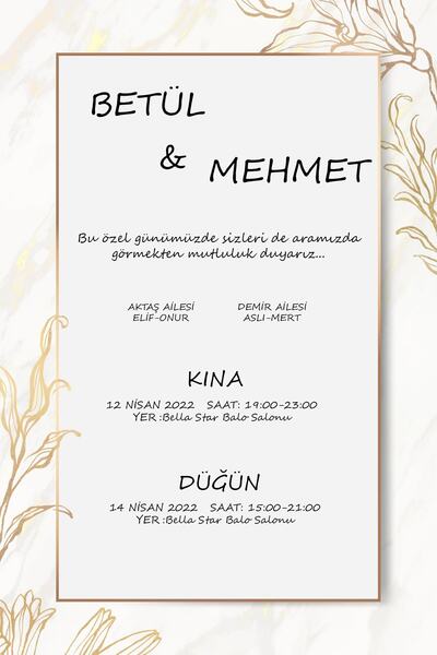 Belinay Düğün Davetiyesi 105 07 (100 ADET)