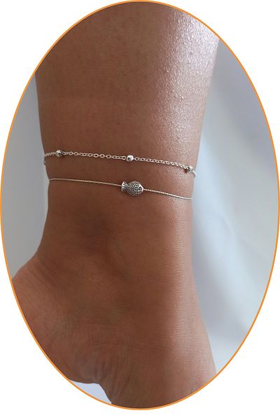 DENİZDENAL Anklet Set of 2 Anklets Silver Fish Figure