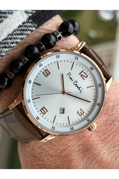Pierre Cardin Brand Steel Case Leather Strap Calendar Men's Wristwatch + bracelet, rosary