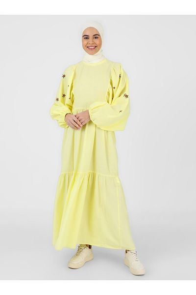 Benin Embroidery Detailed Balloon Sleeve Poplin Hijab Dress - Yellow -