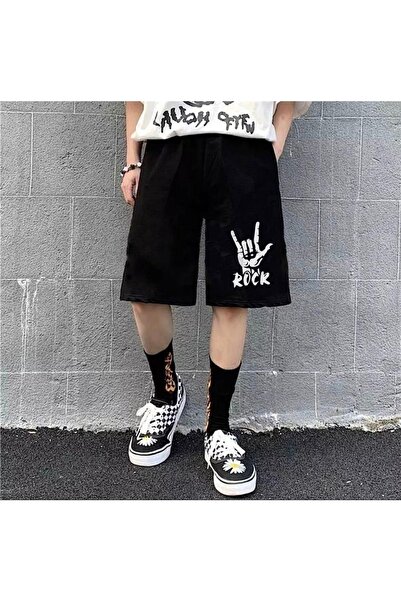 Gofeel Rock Desenli Siyah Renkli Unisex Penye Şort