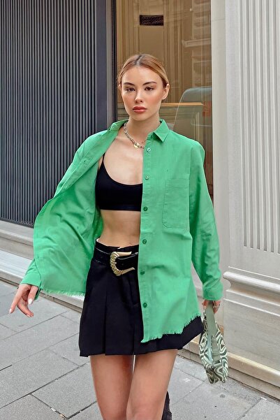 Swist Green Single Pocket Linen Women's Shirt