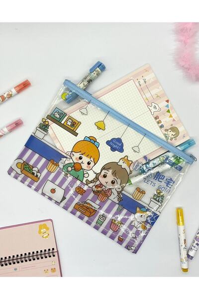 Kağıt Gemi Dükkan Sevimli Şeffaf Ve Fermuarlı Mavi A4 Dosya Klasörü/ Toparlayıcı/ Kalem Kutu/ Fermuarlı Çanta