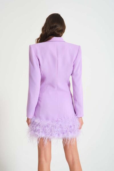 TARA COŞKUNTUNCEL Lila Blazer Tüylü Kruvaze Taşlı Düğmeli Ceket Elbise