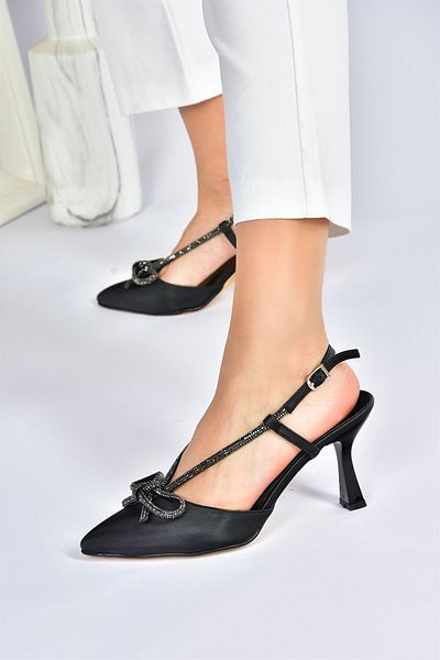 Fox Shoes Black Satin Fabric Stone Detailed Women's Heeled Shoes M246065704