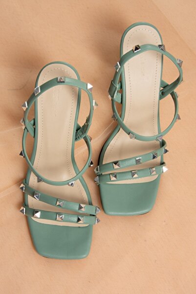 Fox Shoes Women's Green Studded Detailed Three-Stripe Heeled Shoes404571109