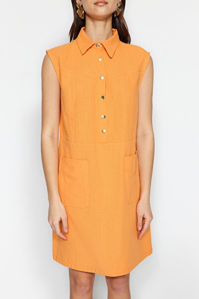 Trendyol Collection Orange Straight Cut Pocket Shirt Collar Linen Look Mini Woven Dress TWOSS22EL1068