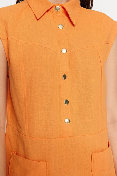 Trendyol Collection Orange Straight Cut Pocket Shirt Collar Linen Look Mini Woven Dress TWOSS22EL1068