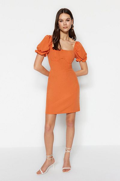 Trendyol Collection Μίνι υφαντό φόρεμα πορτοκαλί A-Cut με μπαλόνι μανίκι λινό TWOSS23EL01765