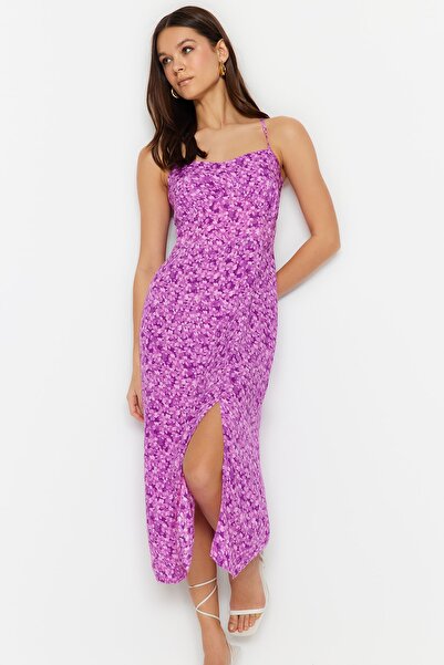 Trendyol Collection Šeříkový květinový potisk Rovný střih Detailní tkané šaty TWOSS23EL02295