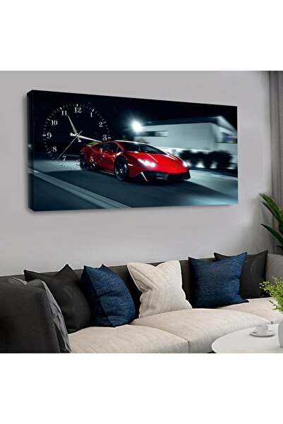 Zevahir Mobilya Dekorasyon Kanvas Kırmızı Lüks Spor Araba Saatli Tablo