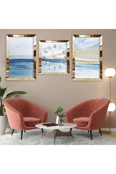 Zevahir Mobilya Dekorasyon Deniz Soyut Desen Gold Pleksi Kenar Üçlü Mdf Tablo...