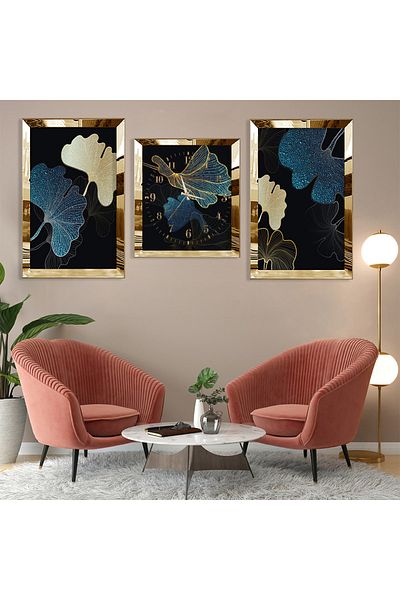 Zevahir Mobilya Dekorasyon Set de pictură și ceas cu model abstract cu margine din plexiglas auriu cu flori din MDF triplu