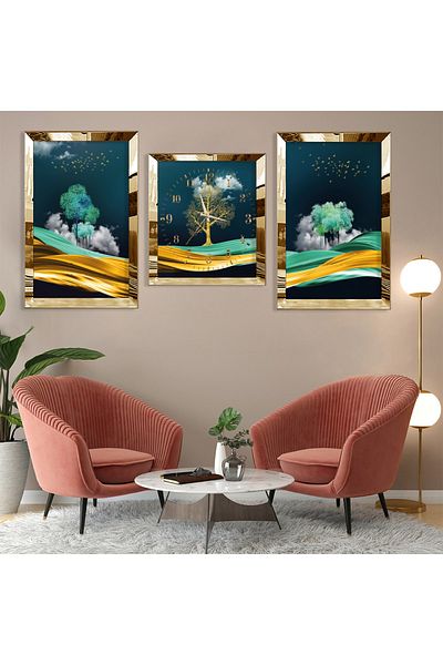 Zevahir Mobilya Dekorasyon Model abstract de copac, margine din plexiglas auriu, set de 3 piese de masă MDF și combinație de ceas