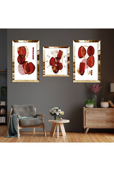Zevahir Mobilya Dekorasyon Shapes Abstract Pattern Gold Plexi Edge Triple Mdf Table Set and Clock Set