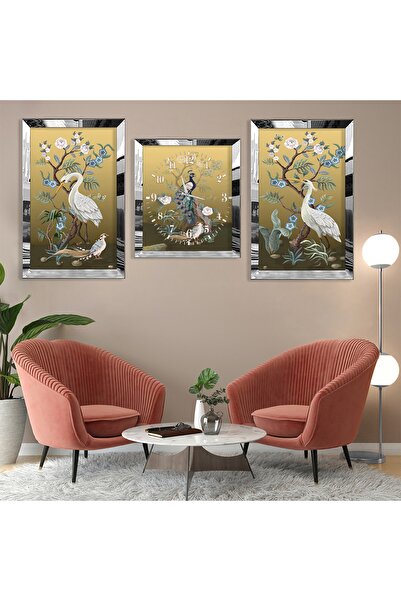 Zevahir Mobilya Dekorasyon Tavus Kuşu Soyut Desen Gümüş Pleksi Kenar Üçlü Mdf Tablo Seti Ve Saat Seti