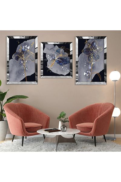 Zevahir Mobilya Dekorasyon Purple Plant Abstract Pattern Silver Plexi Edge Triple Mdf Table Set and Clock Set