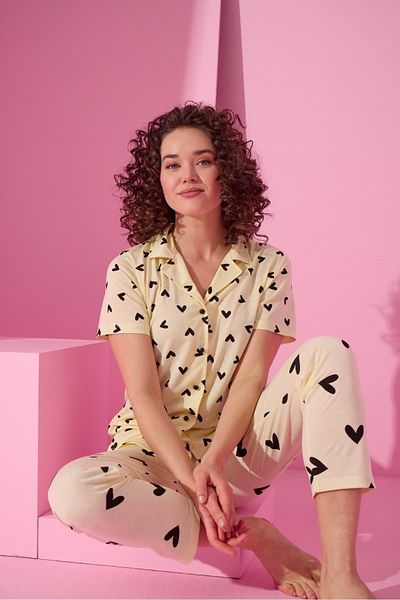 MEBA Women's Front Buttoned Long Heart Pattern Yellow Pajama Set