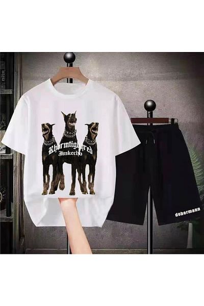 PUNIX Special Production Crew Neck Three Doberman Printed 100% Cotton Men's T-shirt Shorts Set