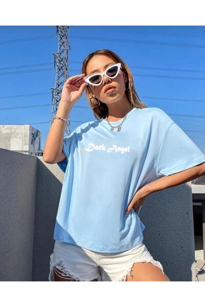 Keywest Plus Size Baby Blue Dark Angel Printed Angel Wing Oversize T-shirt