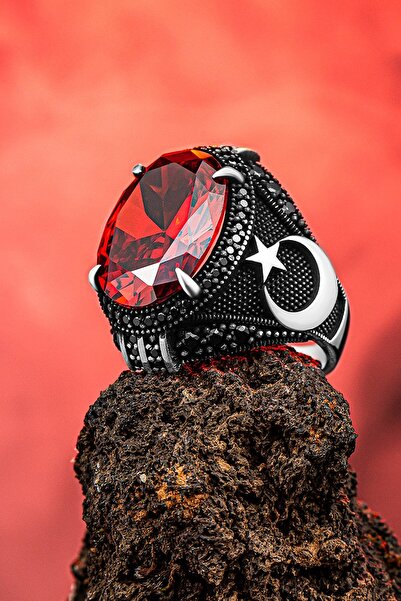 Diriliş Takı Ay Yıldız Motifli Kırmızı Zirkon Taşlı Gümüş Yüzük