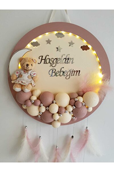 HD Different Kapı Süsü Ledli Bubble Ayıcıklı Ahşap Yuvarlak Pano