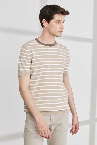ALTINYILDIZ CLASSICS Ανδρικό μπλουζάκι μπεζ-λευκό Standard Fit Regular Cut Crew Neck 100% βαμβακερό ριγέ πλεκτό T-shirt