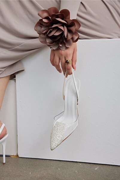 AYAKKABI PRENSİ Şeffaf Detaylı Stiletto Şeffaf Beyaz Cam Kirigi Kadın Stiletto, Topuklu Ayakkabı