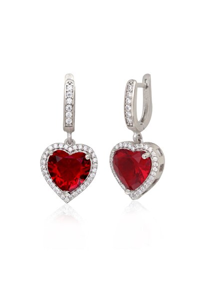 Silveranka 925 Ayar Gümüş Pırlanta Montür Kırmızı Kalp Küpe