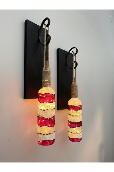 Mes Reves Led Işıklı Ahşap Kırmızı Renkli Vitray Cam Salon Bar Bahçe Dekoru Şarap Şişesi Duvar Aplik 2'li Set