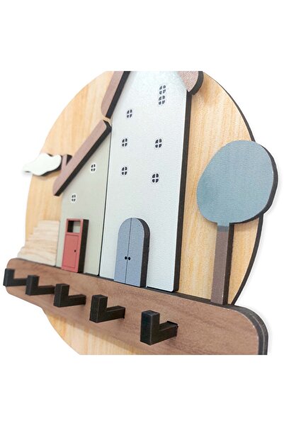 CajuArt Pastel Renkli Evler Ahşap Anahtarlık Hol Antre Askılık Duvar Dekor