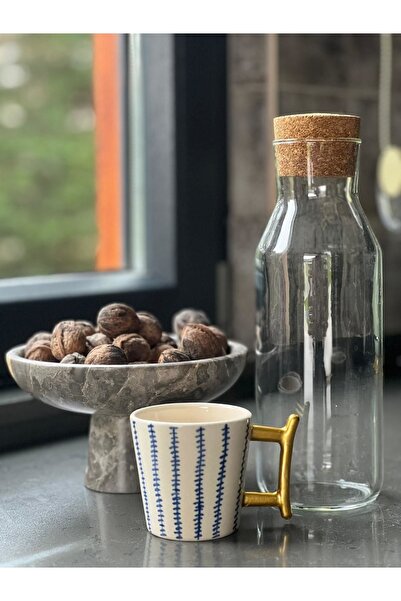 MeGgDecor Altın Detaylı Lacivert Diken Çizgili Seramik Kahve Fincanı