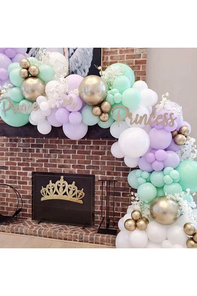Çemrek Süs Parti Macaron Mint and Lilac White Chrome Gold Balloon Chain Set 100 Balloon and Chain