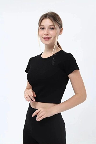 Genel Markalar Kadın Fitilli Kısa Kollu Crop Tshirt