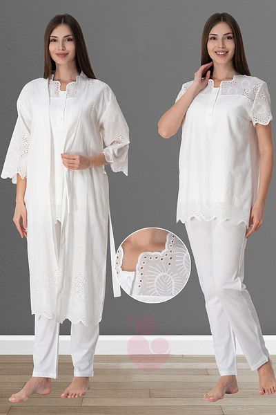 lohusahamile Effortt 9024 Ecru Fisto Maternity Pajamas Set with Dressing Gown