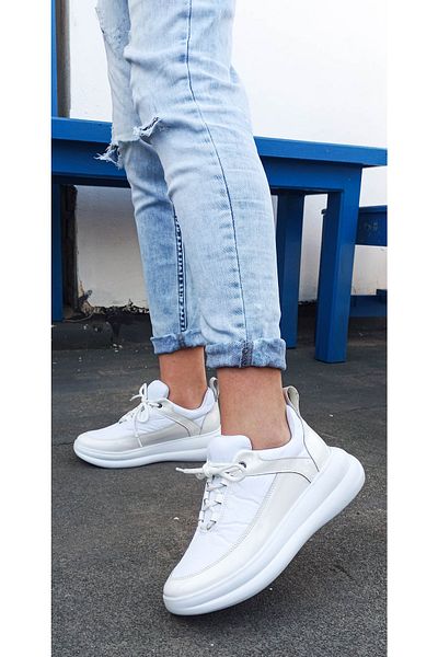 GDT Ayakkabı White Lace-Up Shiny Patent Leather Flat Sole Women's Sneakers
