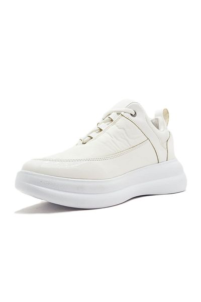 GDT Ayakkabı White Lace-Up Shiny Patent Leather Flat Sole Women's Sneakers