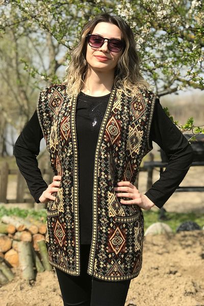 Dinçerler tekstil Women's Kilim Patterned Buttonless Thick V-Neck Mother Vest