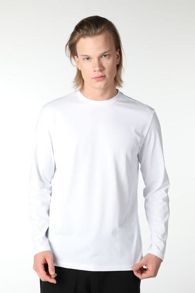 defys Tricou pentru bărbați guler rotund cu mânecă lungă, cu croiala normală, basic alb