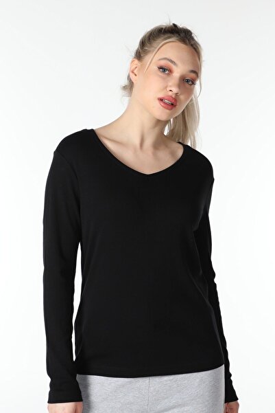 defys Tricou pentru femei, cu decolteu în V, cu mânecă lungă, cu croiala normală, basic negru