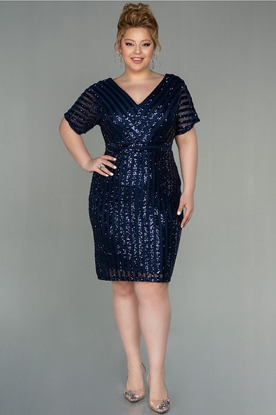 Abiyefon Navy Blue Sequined Plus Size Evening Dress Abk686