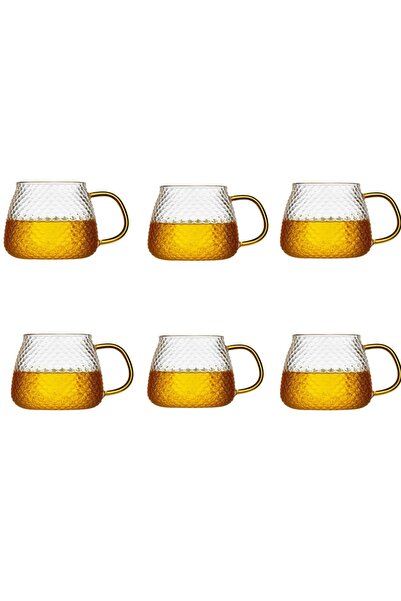 morponi كوب بوروسليكات زجاجي فاخر من الزجاج البلوري بمقبض ذهبي مفصل 350 مل 6 قطع