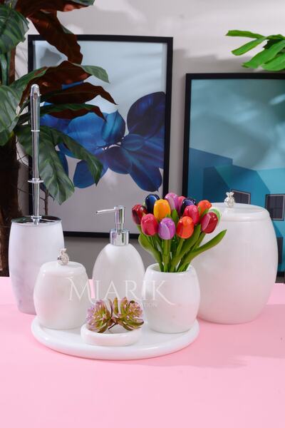 MIARIK DESIGN & DEKORASYON Dekoratif Mermer Banyo Seti Takımı 7 Li Aksesuar D...