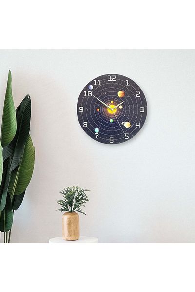 CajuArt Decorative Round Space and Planets Wooden Wall Clock