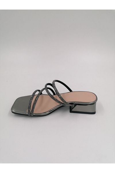 MASSİMA Fadeless Platinum Mirror Stone Ribbed Low Heel Evening Dress Slippers