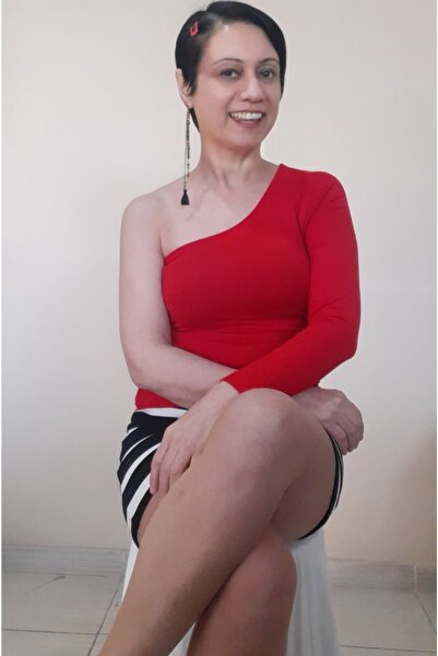 Mertcan Butik Red One Shoulder Open Long Sleeve Combed Cotton Viscose Blouse