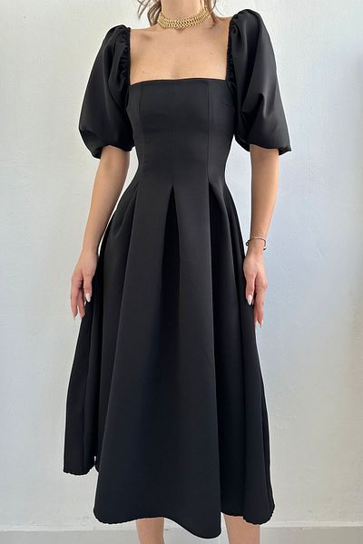 Seda Yalçın Atelier Black Balloon Sleeve Midi Length Ernest Dress